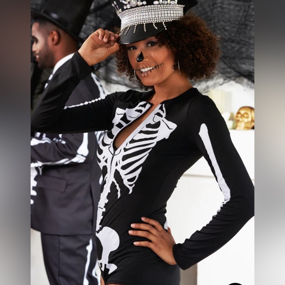 SEXY SKELETON BODYSUIT COSTUME Size XS & FESTIVAL HAT - Picture 12 of 13